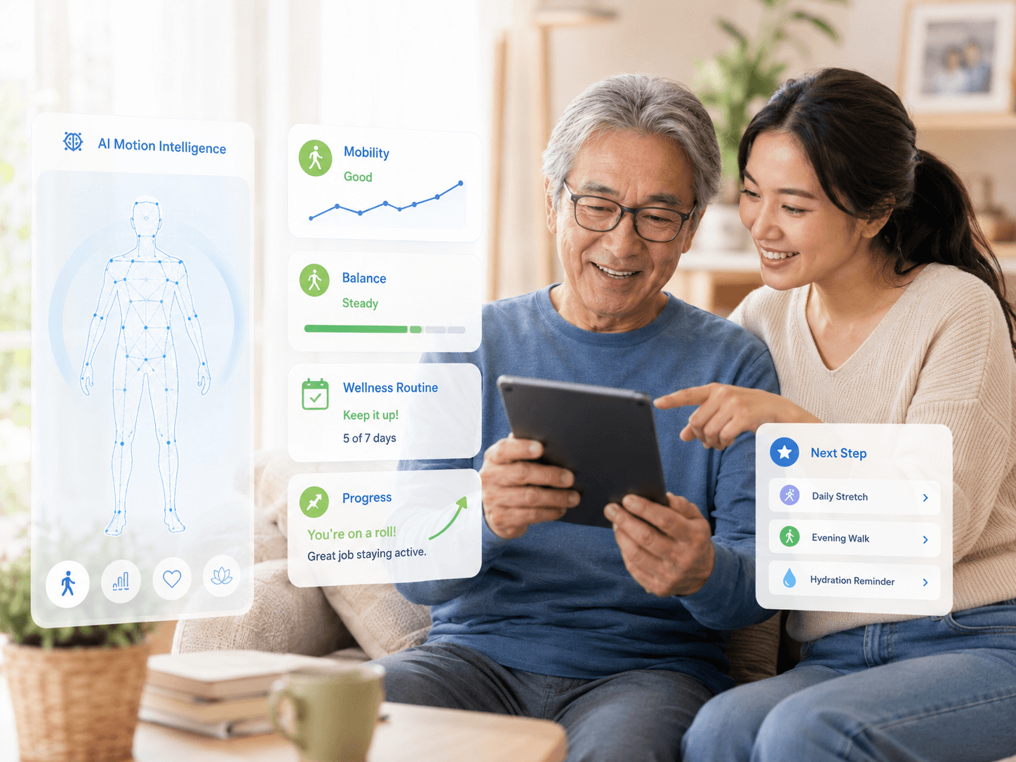 GOFA AI motion intelligence showing camera-based functional assessment across phone, tablet and computer